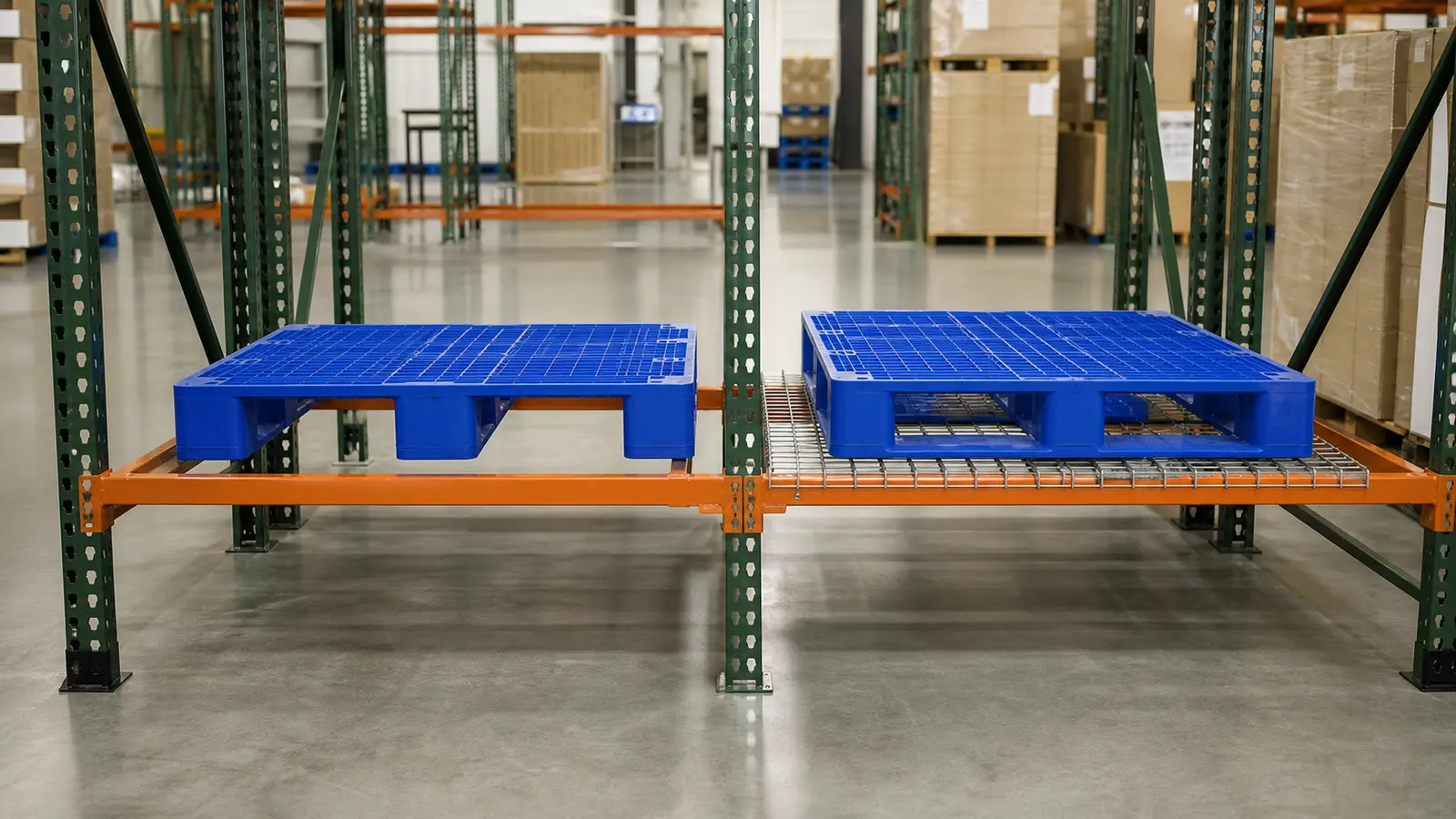 Blue plastic pallets shown on rack beams and wire decking to compare edge support and full-perimeter support