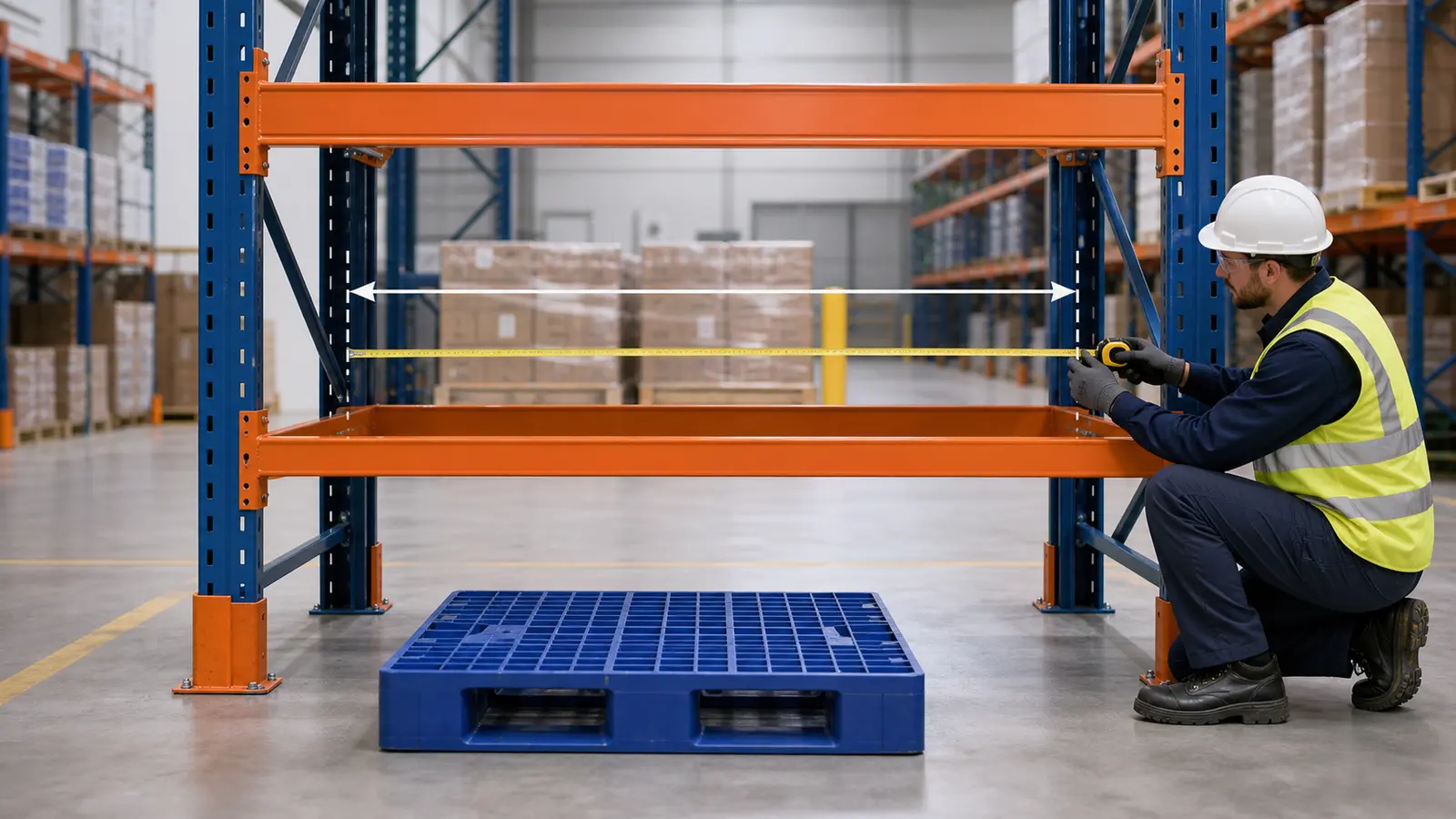 Warehouse technician documenting pallet rack bay dimensions before pallet selection