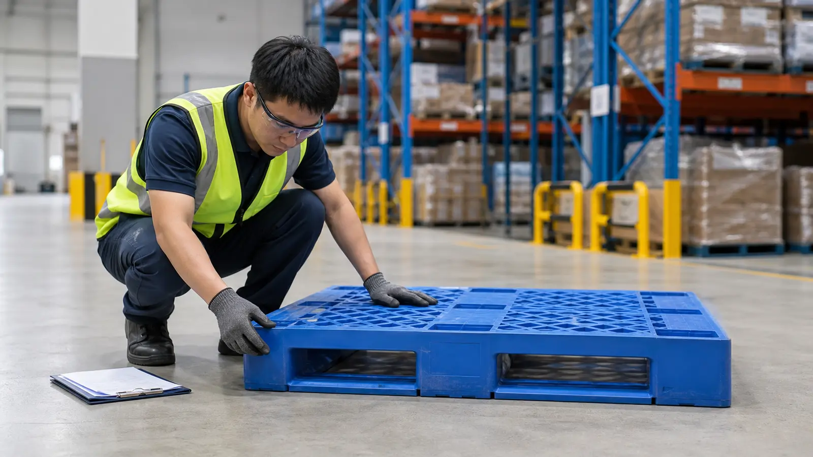 Warehouse employee inspecting the deck, corner, and fork-entry area of a blue plastic pallet