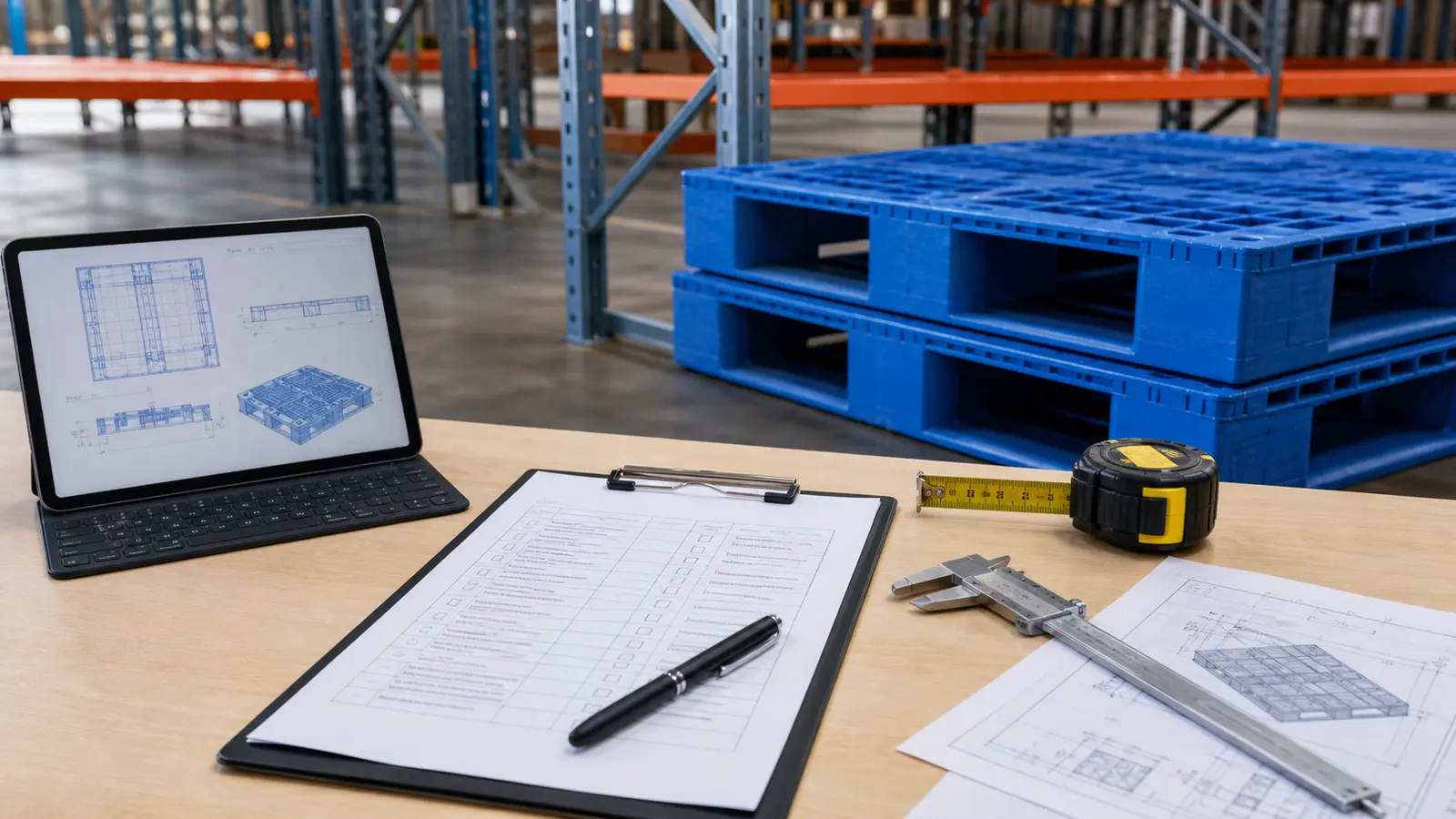 Rackable pallet documentation checklist with blue plastic pallets, pallet drawings, and measuring tools in a warehouse
