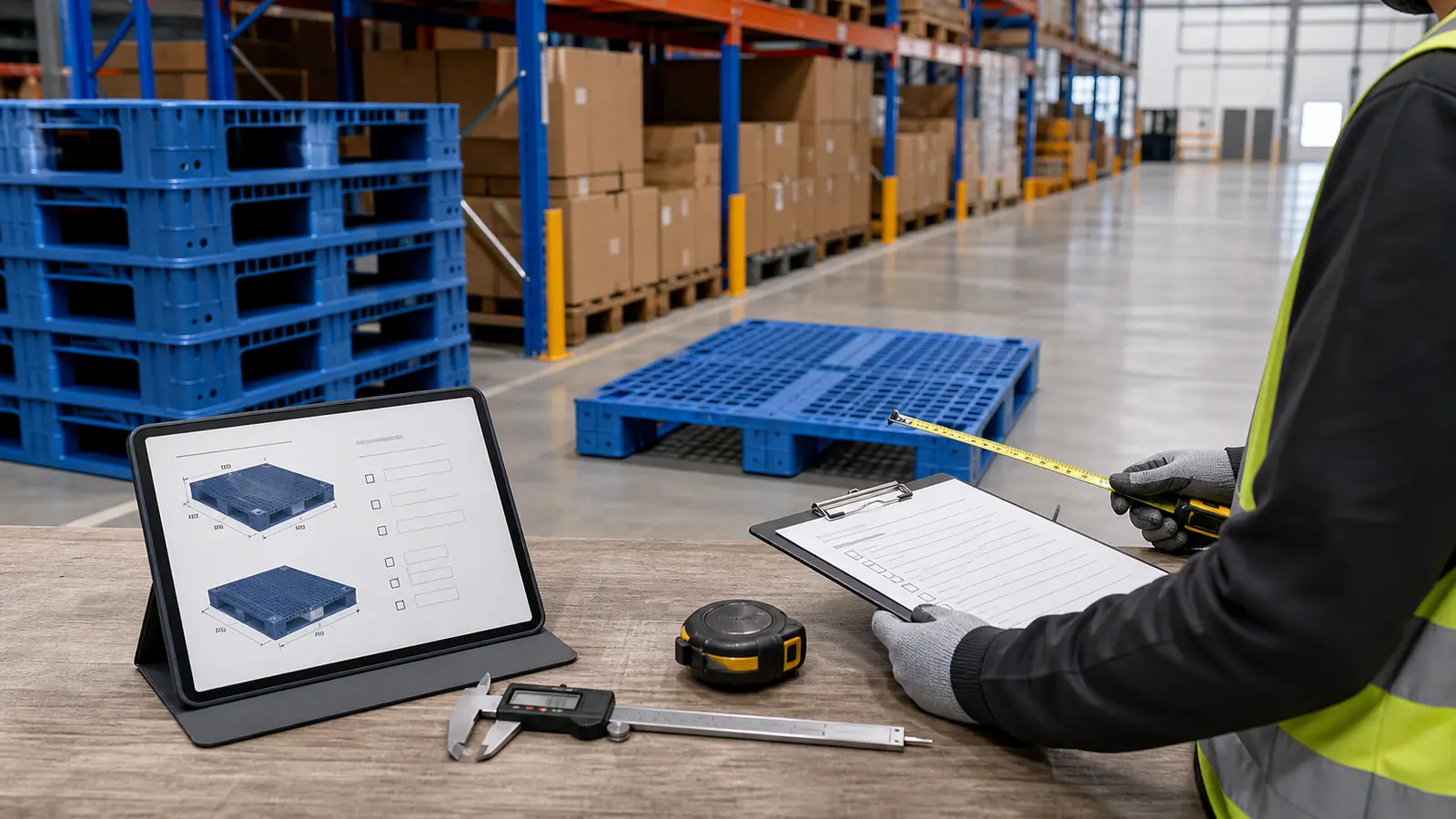 Warehouse specialist measuring a blue plastic pallet while preparing rackable pallet quote details
