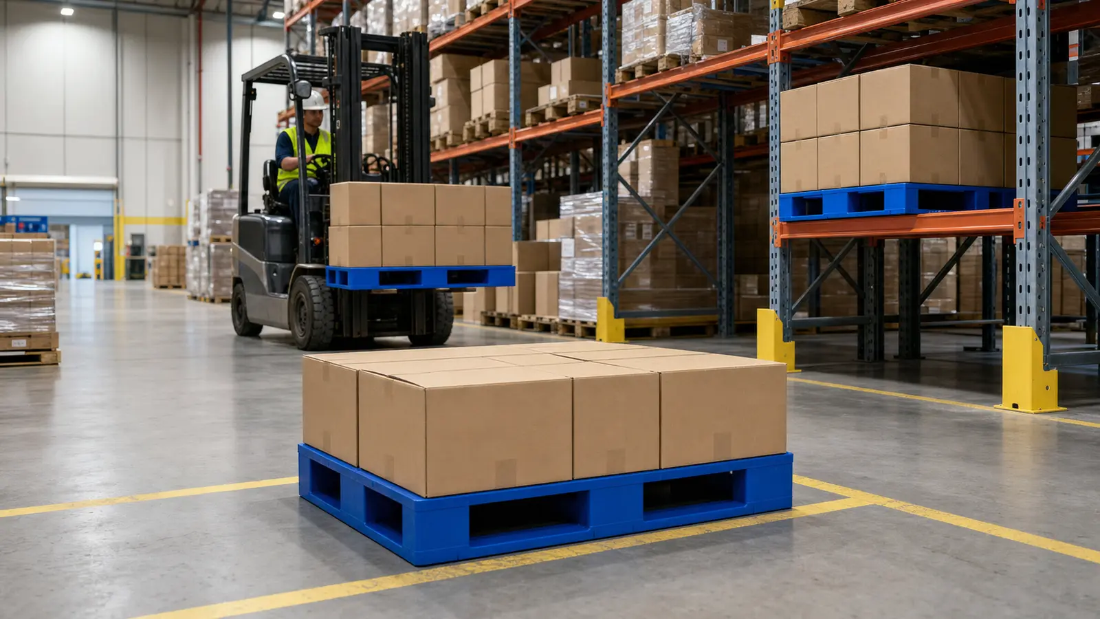 Floor-supported, forklift-handled, and rack-supported blue plastic pallets in a warehouse