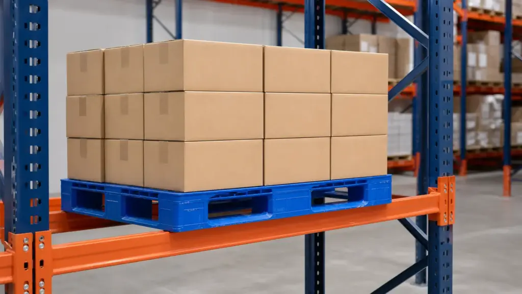 Blue plastic pallet spanning two warehouse rack beams with a uniformly distributed carton load